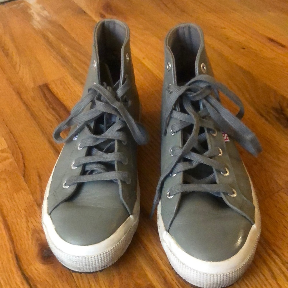 Gray leather Superga high tops